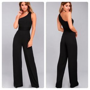 Lulus One Shoulder Black Wide-Leg Jumpsuit Size XS